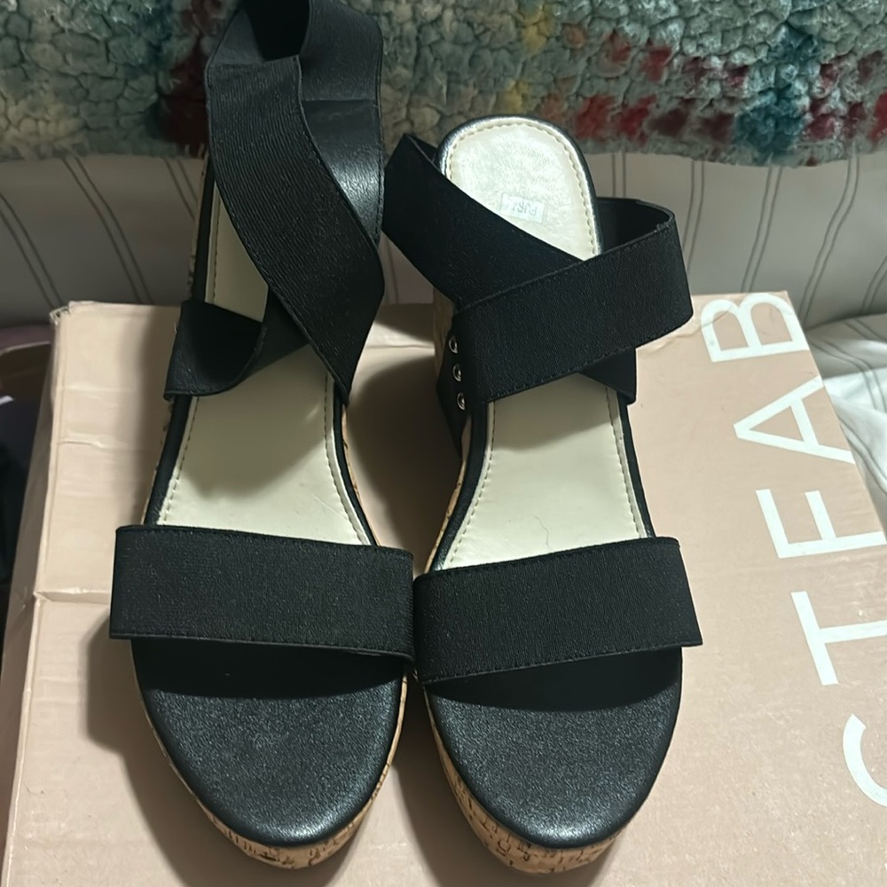 Black Cork Wedge Heels